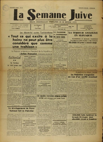 La Semaine Juive : Organe hebdomadaire d'éducation et de défense juive. N° 62 (5 mai 1939)